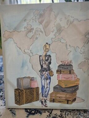 Fashion Travel Girl Canvas Wall Art World Map Painting Chic Glam Decor